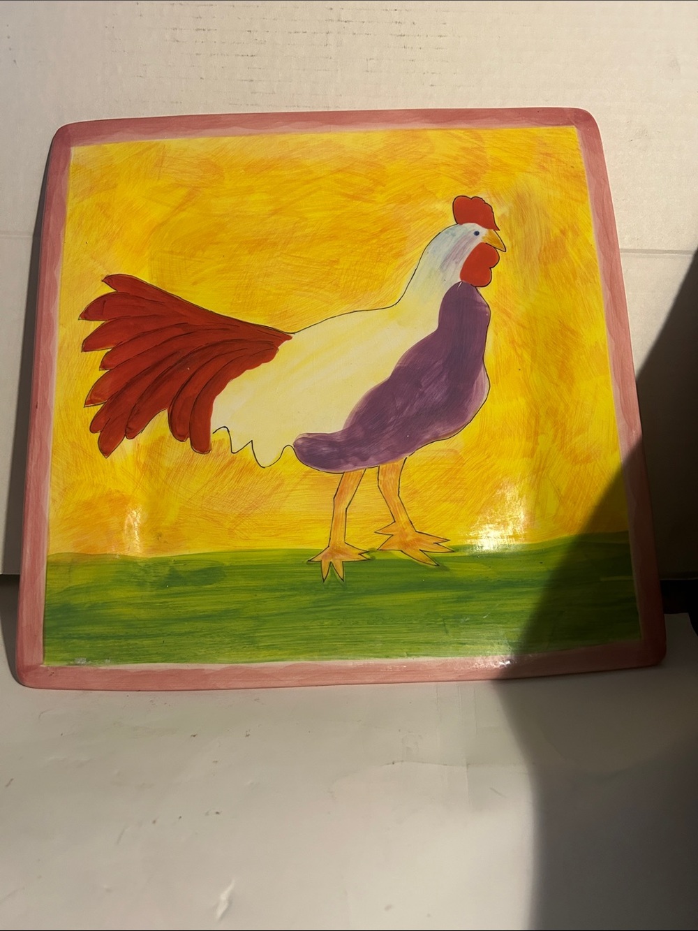 Hand-Painted Rooster Decorative Tile Tray - Yellow & Red